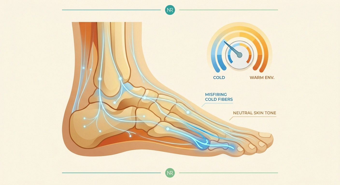 Editorial illustration showing misfiring cold-sensing nerves in the foot creating a phantom cold sensation