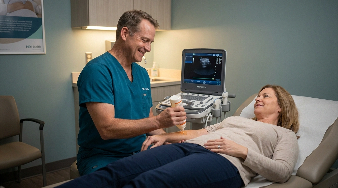 Sonographer applying gel to a patient's forearm before a nerve ultrasound in a calm clinic room