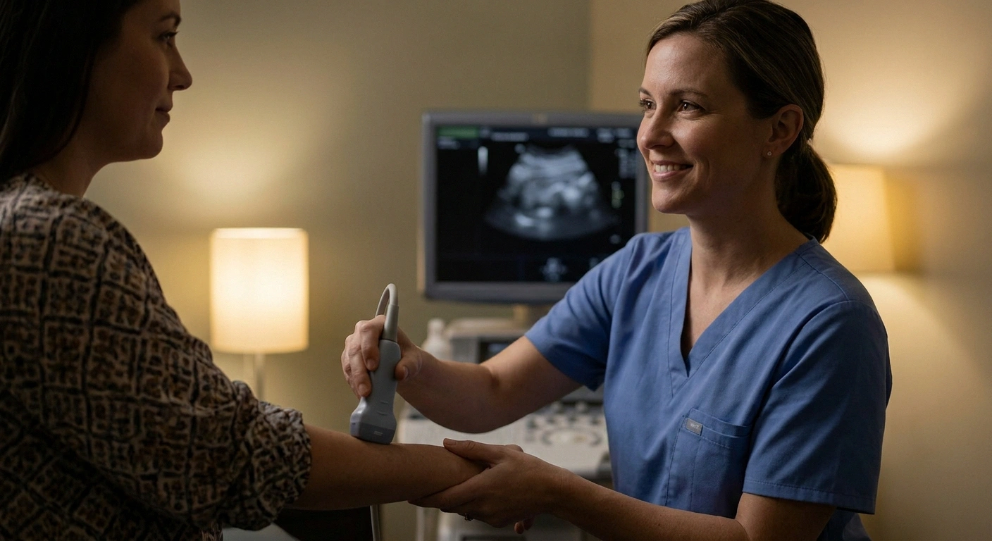 Sonographer performing a nerve ultrasound of a patient's forearm in a clinic
