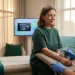 Woman having a high-resolution nerve ultrasound of her wrist at a neuromuscular clinic
