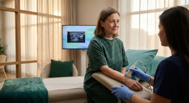 Woman having a high-resolution nerve ultrasound of her wrist at a neuromuscular clinic