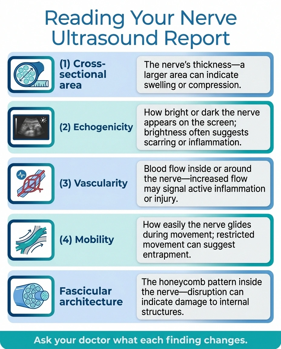 Infographic decoding common nerve ultrasound report terms in plain language