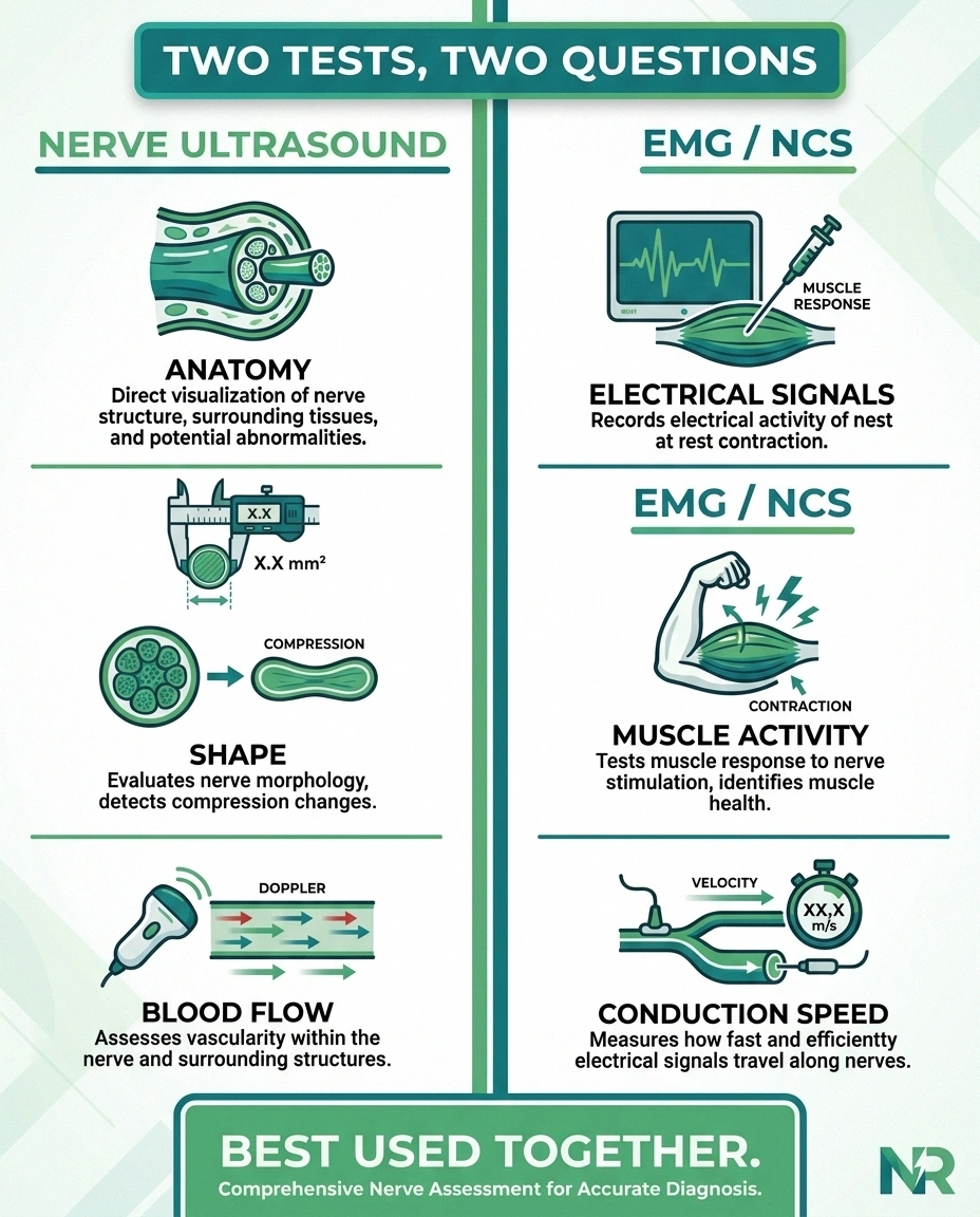 Infographic comparing nerve ultrasound and EMG nerve conduction studies side by side
