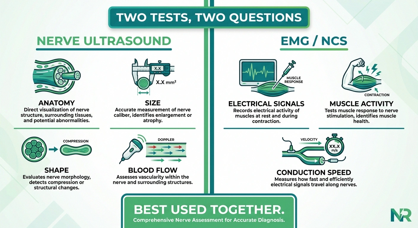 Infographic comparing nerve ultrasound and EMG nerve conduction studies side by side
