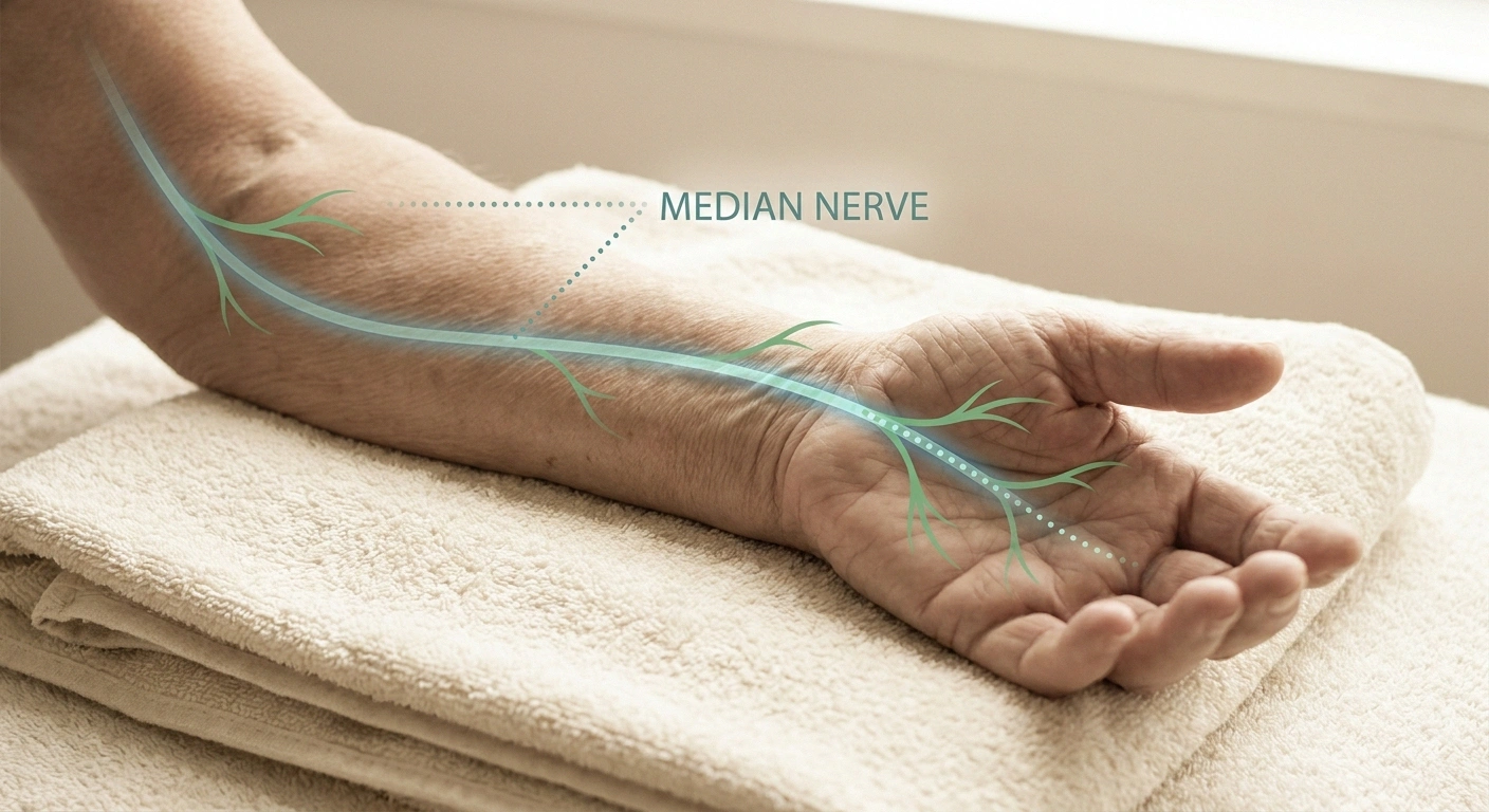Illustration of the median nerve pathway through the wrist on an older adult's forearm