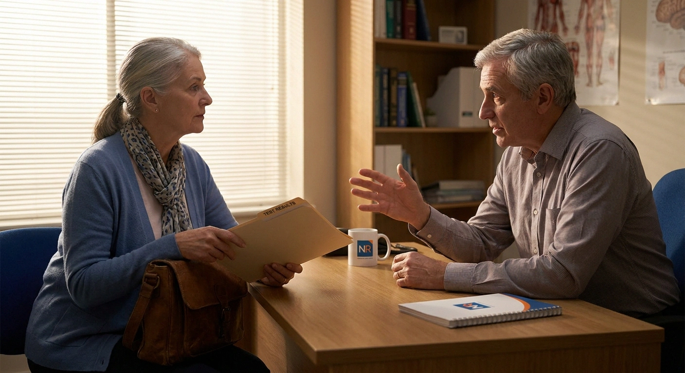 Patient discussing nerve testing options with her neurologist in a calm exam room