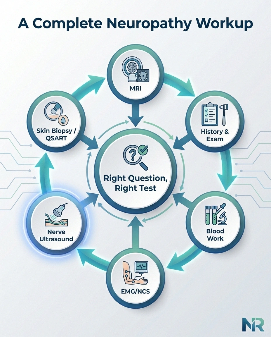 Circular workflow diagram showing where nerve ultrasound fits in a complete neuropathy workup