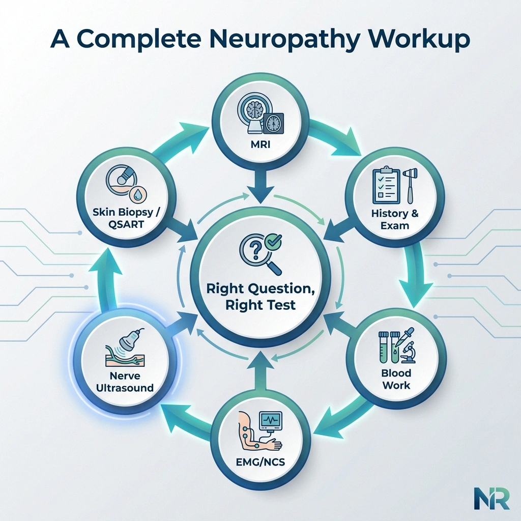 Circular workflow diagram showing where nerve ultrasound fits in a complete neuropathy workup