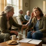 Two women in their 60s in a support-group setting, one leaning in to listen as the other tries to describe pain that feels like it originates centrally rather than in her feet.