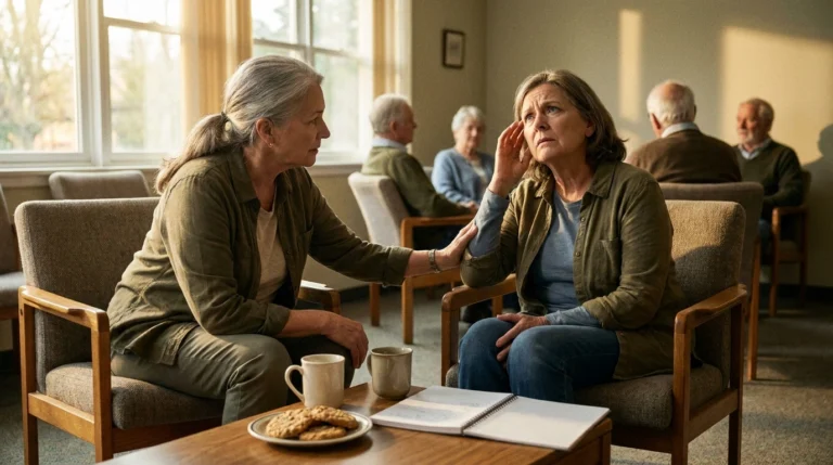 Two women in their 60s in a support-group setting, one leaning in to listen as the other tries to describe pain that feels like it originates centrally rather than in her feet.