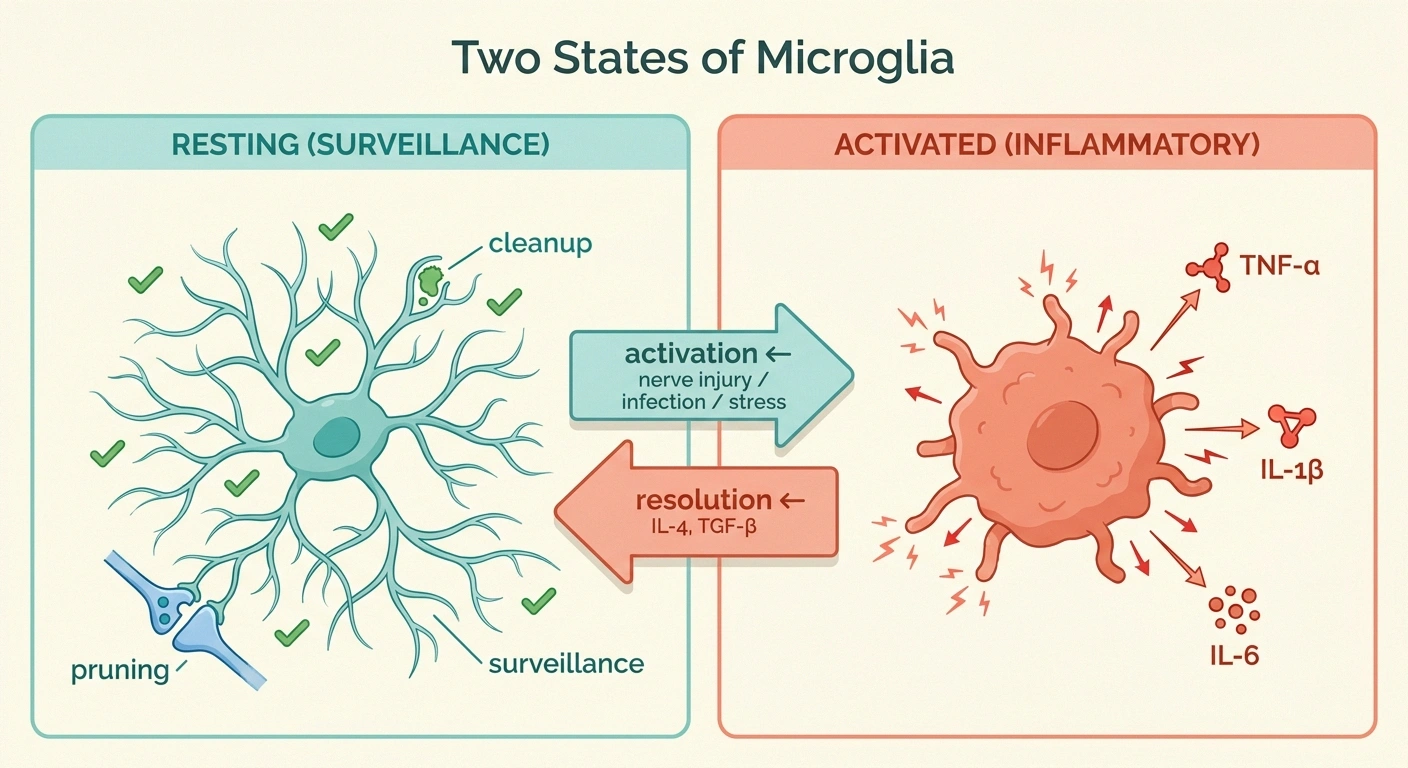 A two-panel infographic showing resting microglia with long branching surveillance processes on the left and activated inflammatory amoeboid microglia releasing cytokines on the right, with arrows between showing activation and resolution.