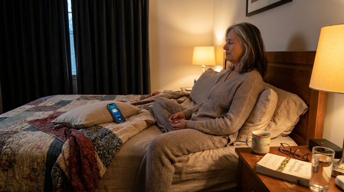 A woman in her mid-60s does a short evening meditation on her bedside before sleep, illustrating the daily practices that reduce stress and support the sleep-inflammation loop.