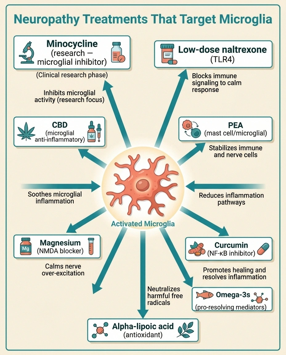 A hub-and-spoke infographic centered on activated microglia showing eight neuropathy treatments — LDN, PEA, curcumin, omega-3s, alpha-lipoic acid, magnesium, CBD, and minocycline — each labeled with its mechanism.