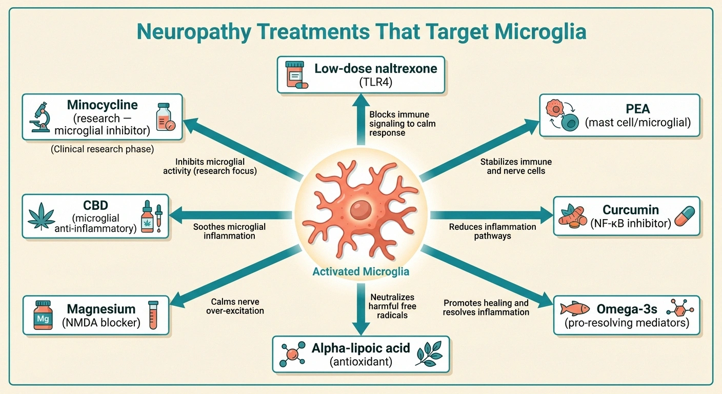 A hub-and-spoke infographic centered on activated microglia showing eight neuropathy treatments — LDN, PEA, curcumin, omega-3s, alpha-lipoic acid, magnesium, CBD, and minocycline — each labeled with its mechanism.