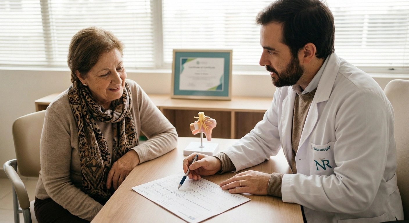 Neurologist reviewing nerve conduction study results with a patient during a Wartenberg's migrant sensory neuritis workup