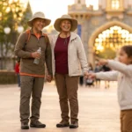 Mature grandparents at theme park entrance with grandchild — closed-toe shoes, hats, water bottles, mobility scooter nearby, showing adaptive planning for neuropathy.