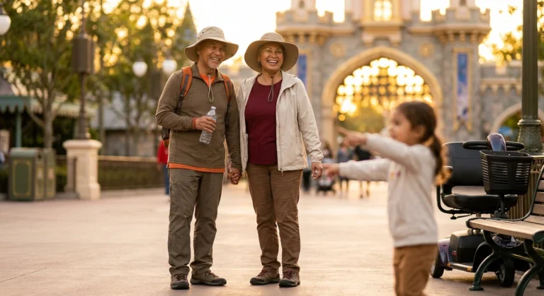 Mature grandparents at theme park entrance with grandchild — closed-toe shoes, hats, water bottles, mobility scooter nearby, showing adaptive planning for neuropathy.