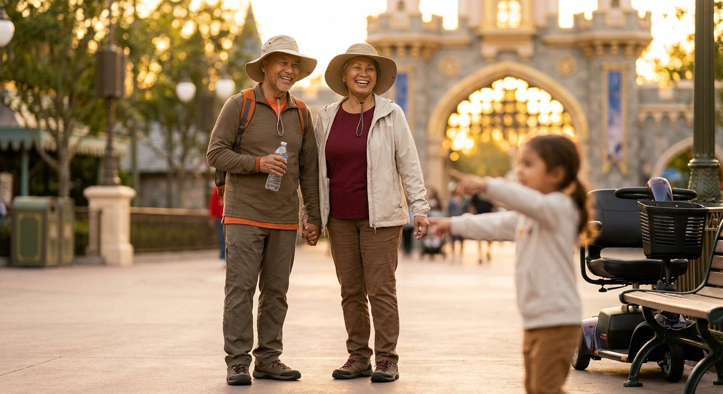 Mature grandparents at theme park entrance with grandchild — closed-toe shoes, hats, water bottles, mobility scooter nearby, showing adaptive planning for neuropathy.