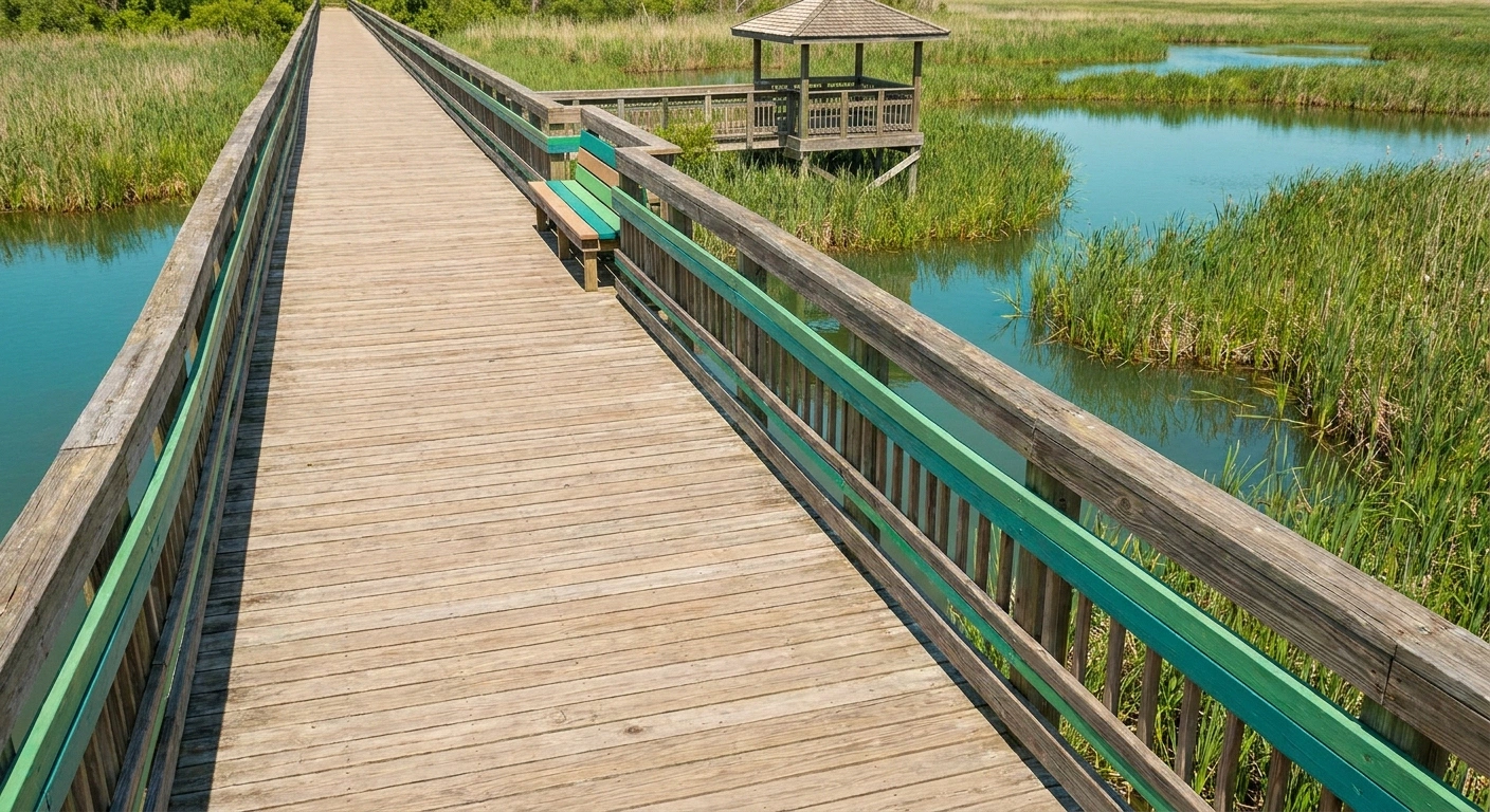 A wide railed wooden boardwalk running through marsh reeds toward an observation platform, with a bench partway along.