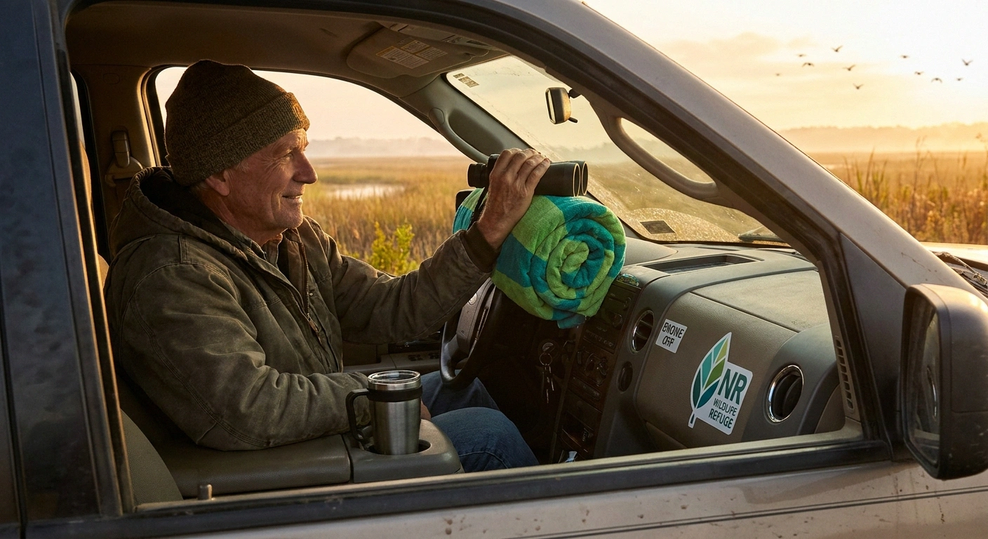 Older man birding comfortably from his parked car at a wildlife refuge, binoculars steadied on a rolled towel on the window ledge.