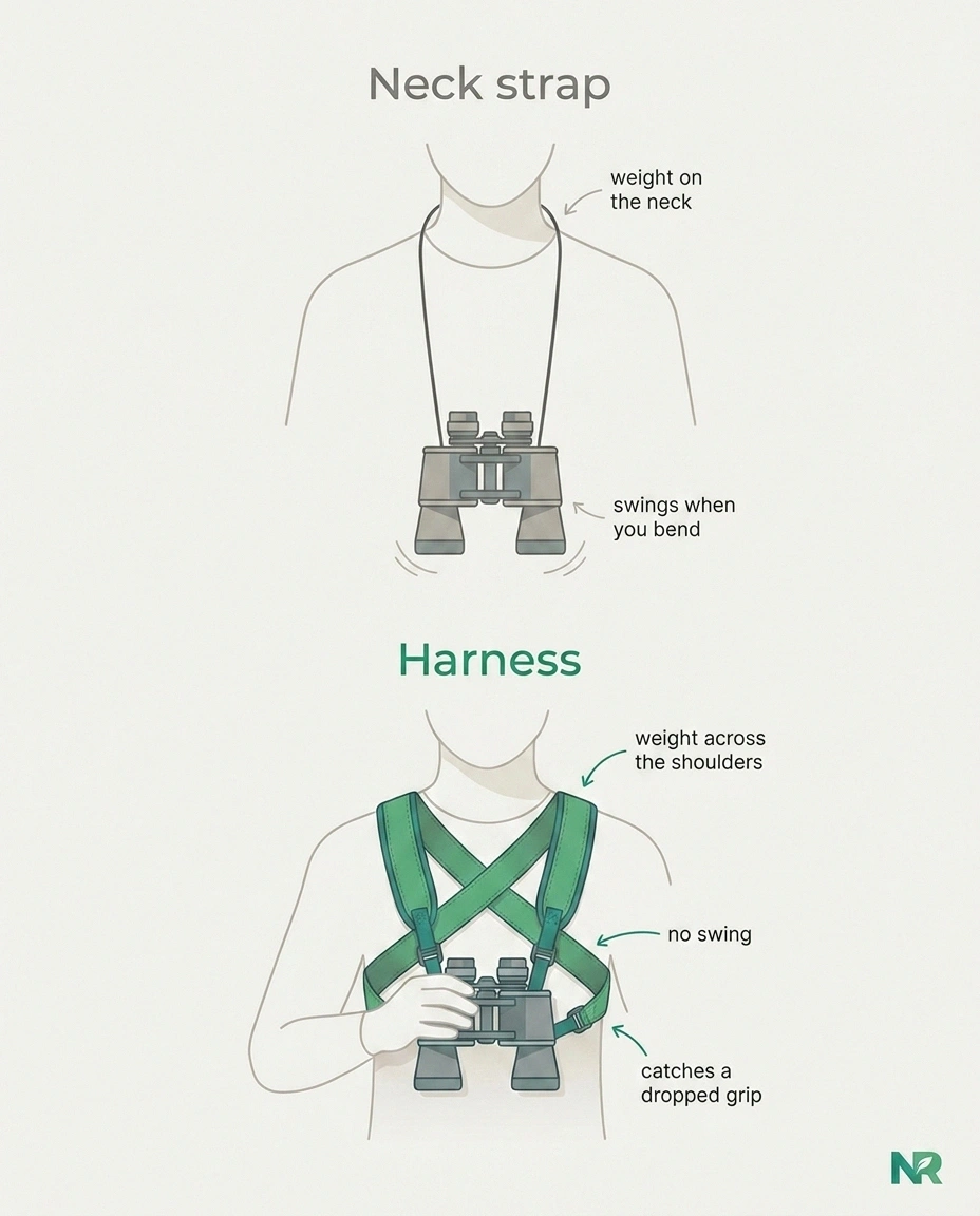 Infographic comparing a binocular neck strap with a shoulder harness, showing the harness spreads weight, prevents swing, and catches a dropped grip.