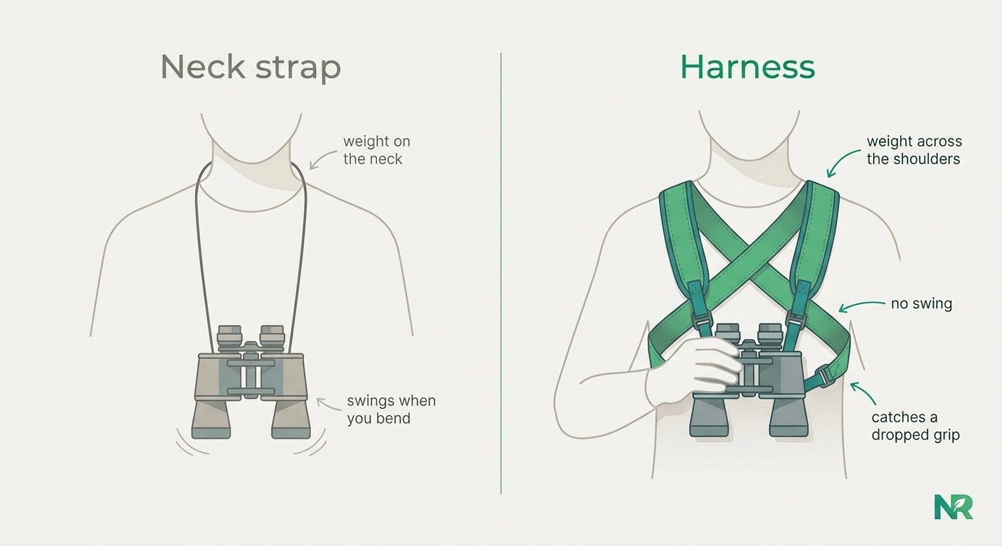 Infographic comparing a binocular neck strap with a shoulder harness, showing the harness spreads weight, prevents swing, and catches a dropped grip.