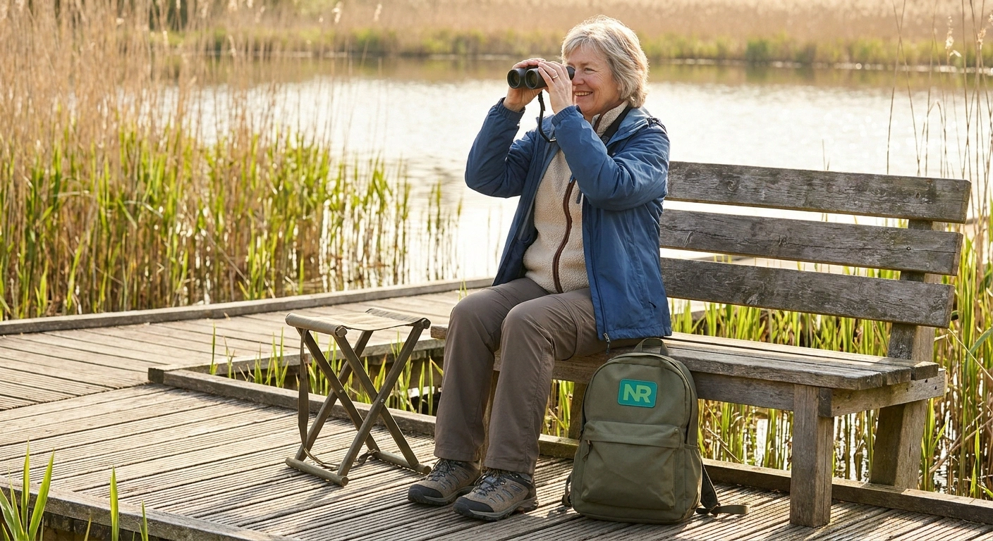 Woman in her sixties seated on a bench at a marsh boardwalk with binoculars raised, watching birds in golden morning light.