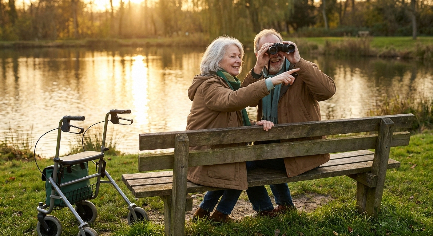 Two friends in their sixties on a pond-side bench in golden afternoon light, one pointing while the other watches through binoculars.