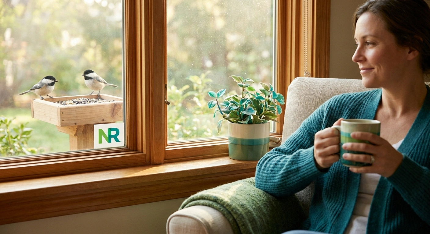 Woman seated with a mug in a sunlit kitchen watching chickadees at a window feeder just outside the glass.