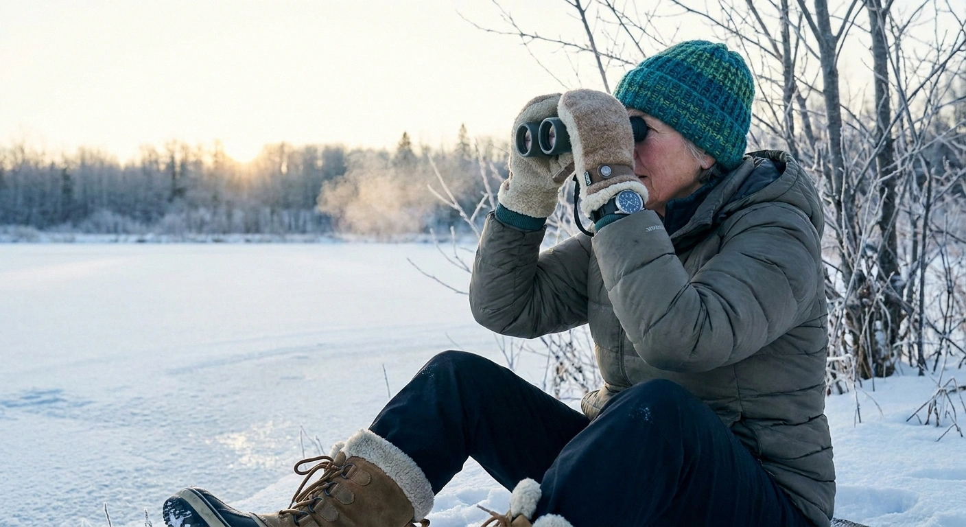 Woman in her sixties birding at a frozen pond in insulated boots, mittens and hat, well prepared for cold weather.