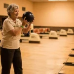 Older woman on a bowling lane approach ready to release a ball during league night with neuropathy