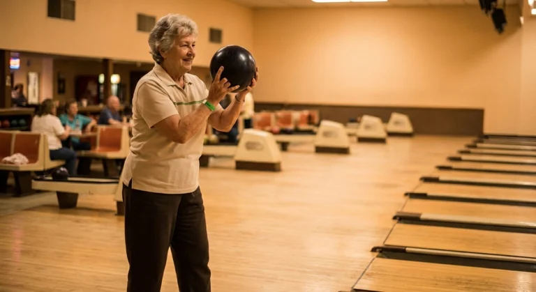 Older woman on a bowling lane approach ready to release a ball during league night with neuropathy