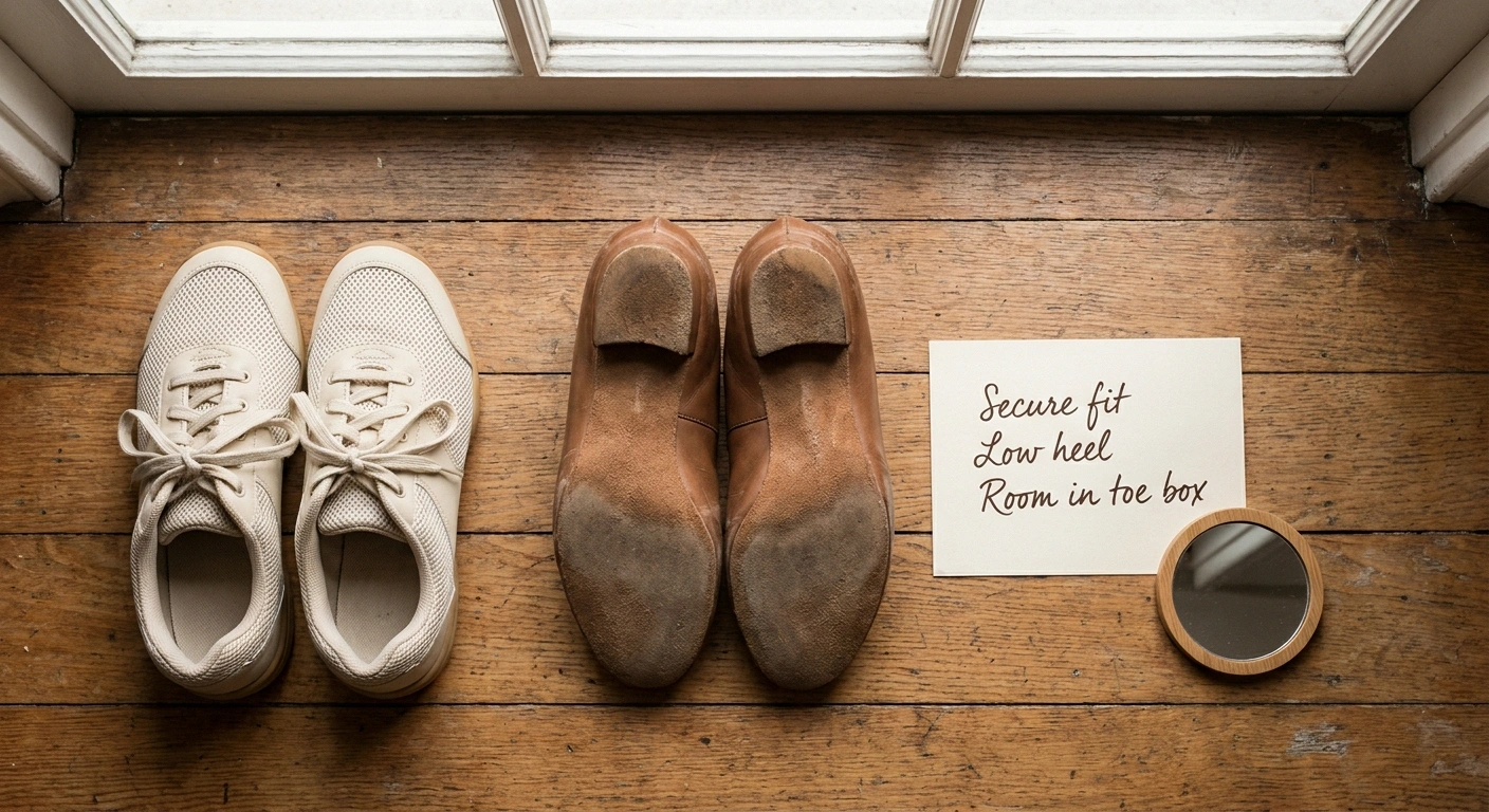 Dance sneakers and traditional low-heel ballroom shoes side by side on a hardwood floor with a note-card showing key shoe features for neuropathy.