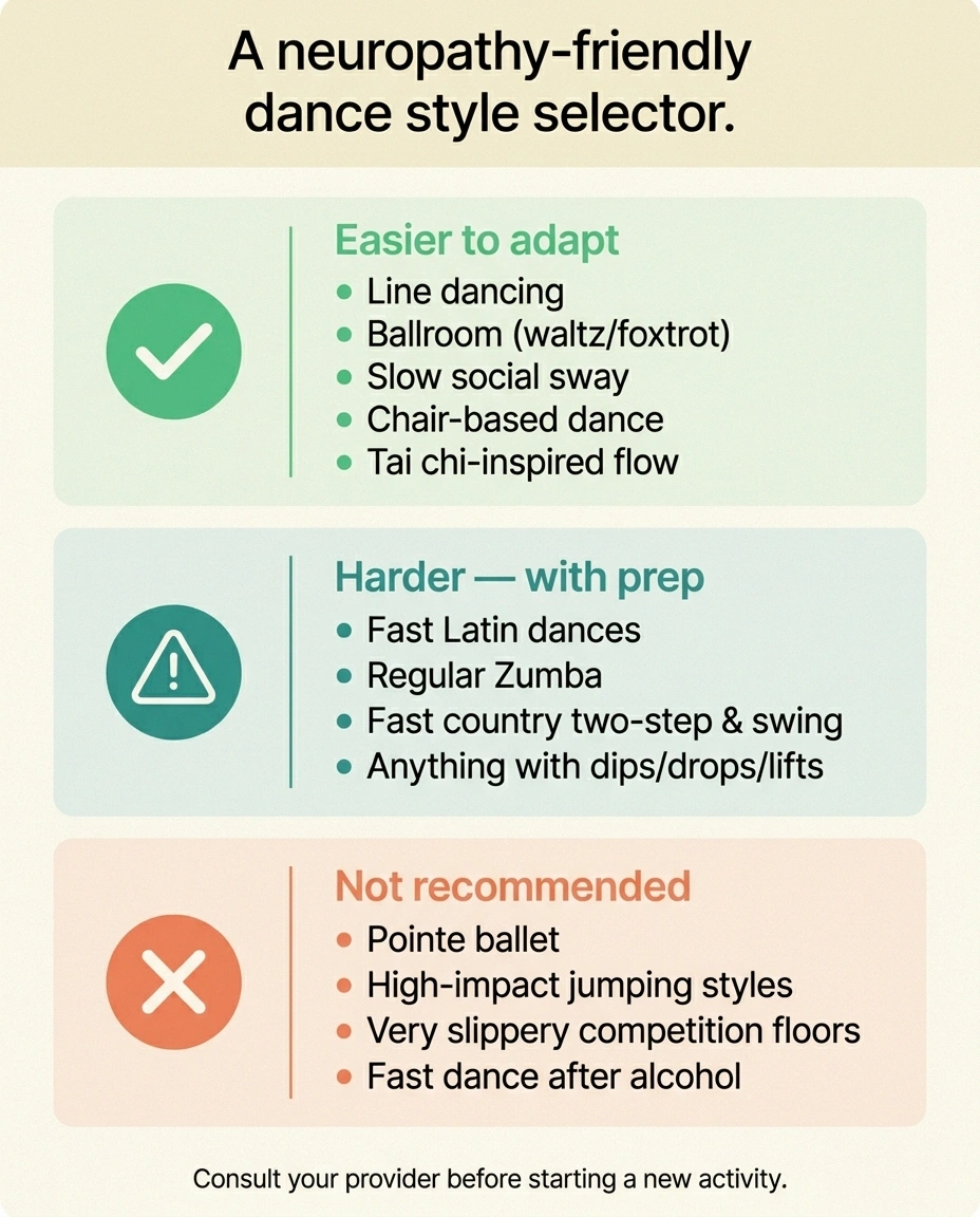 Three-column infographic categorizing dance styles as easier to adapt, harder with preparation, or not recommended for people with neuropathy.