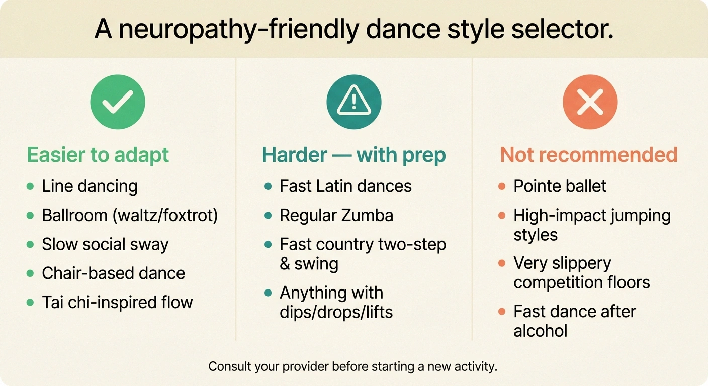 Three-column infographic categorizing dance styles as easier to adapt, harder with preparation, or not recommended for people with neuropathy.