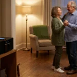 Older couple slow-dancing together in their living room, hands joined in a gentle ballroom hold, smiling at each other.