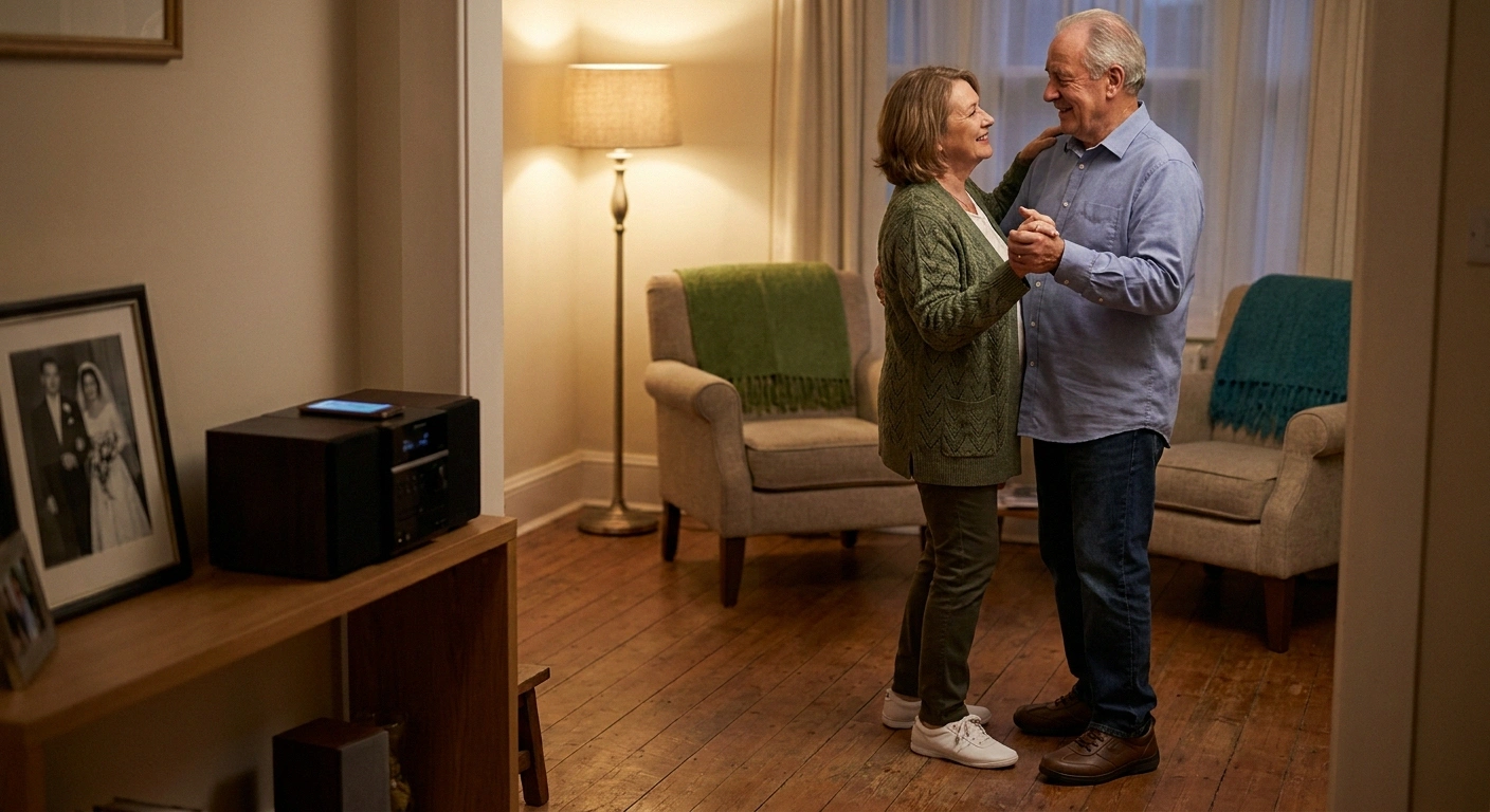 Older couple slow-dancing together in their living room, hands joined in a gentle ballroom hold, smiling at each other.