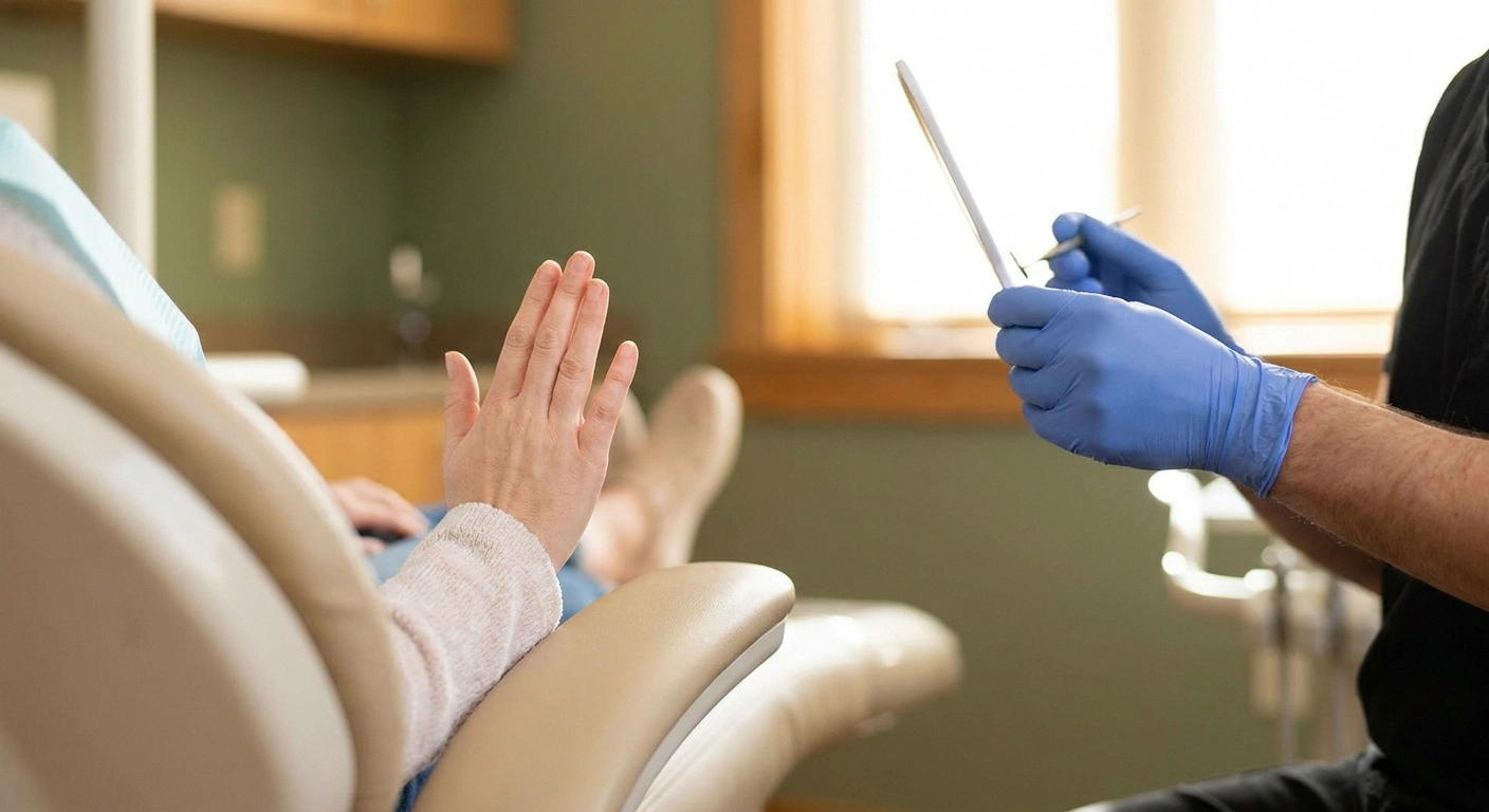 Patient using a raised-hand pause signal to communicate with the dentist during a procedure