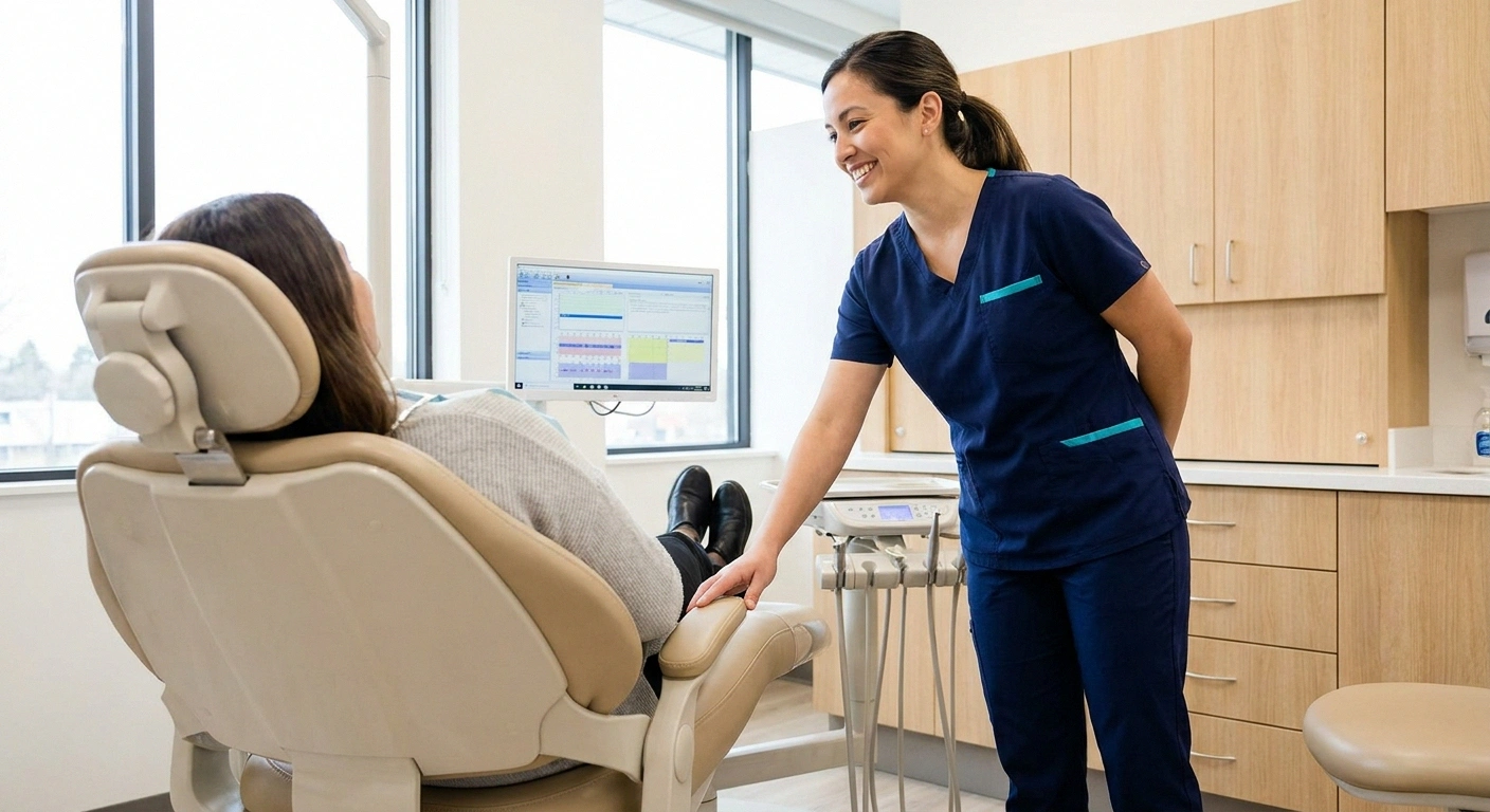 Dental hygienist slowly raising the chair for a neuropathy patient with orthostatic hypotension