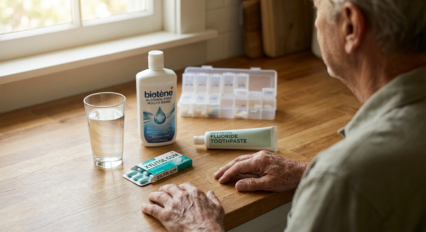 Dry mouth self-care tools for neuropathy patients including xylitol gum, alcohol-free rinse, and fluoride toothpaste