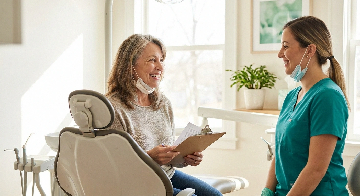 Neuropathy patient having a preparatory conversation with a dental hygienist before her cleaning appointment