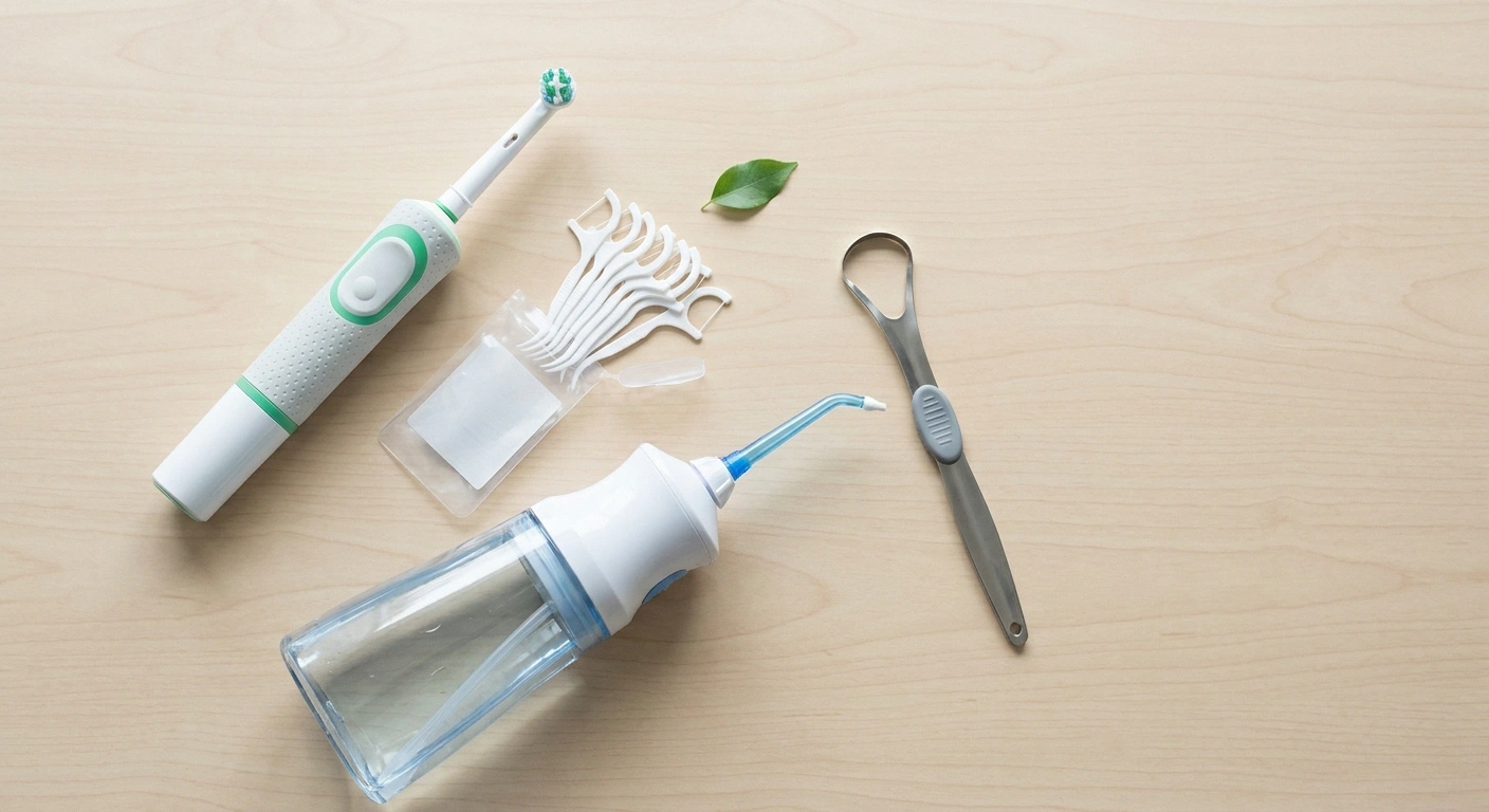 Adaptive dental home care tools for neuropathy patients including electric toothbrush, floss picks, and water flosser