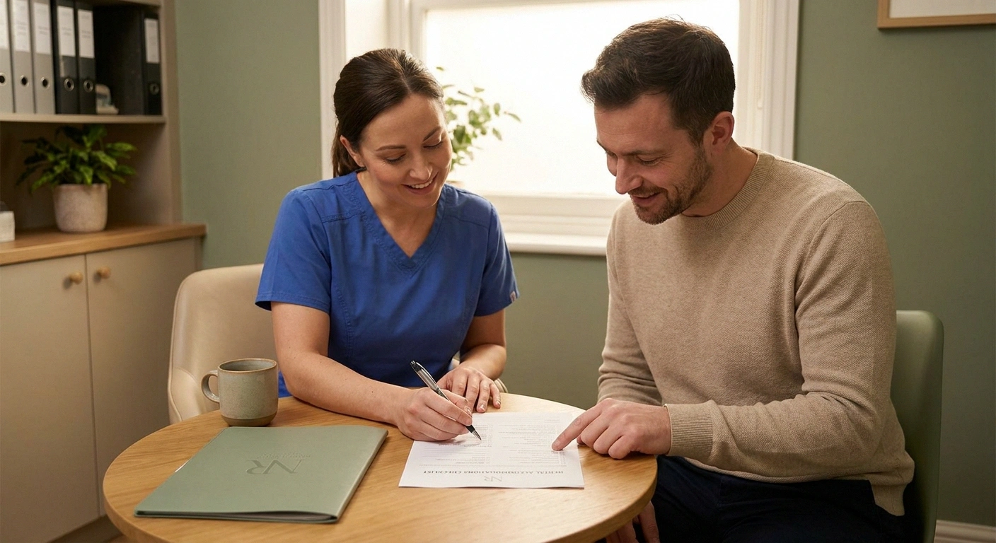 Dentist noting neuropathy accommodations in a patient chart during a planning conversation