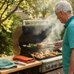 Older adult grilling safely with long-handled tools and closed-toe shoes at a summer backyard cookout