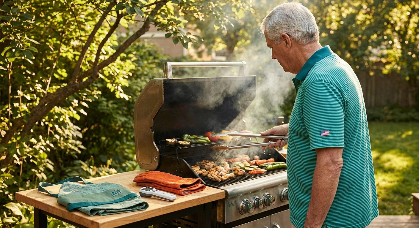 Older adult grilling safely with long-handled tools and closed-toe shoes at a summer backyard cookout