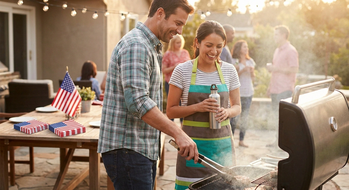 Buddy system at a July 4 cookout — designated helper watching the grill with the primary griller