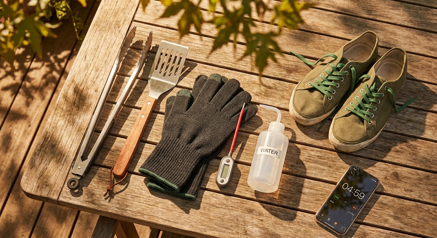 Pre-grill safety kit — long-handled tools, grill gloves, thermometer, and closed-toe shoes