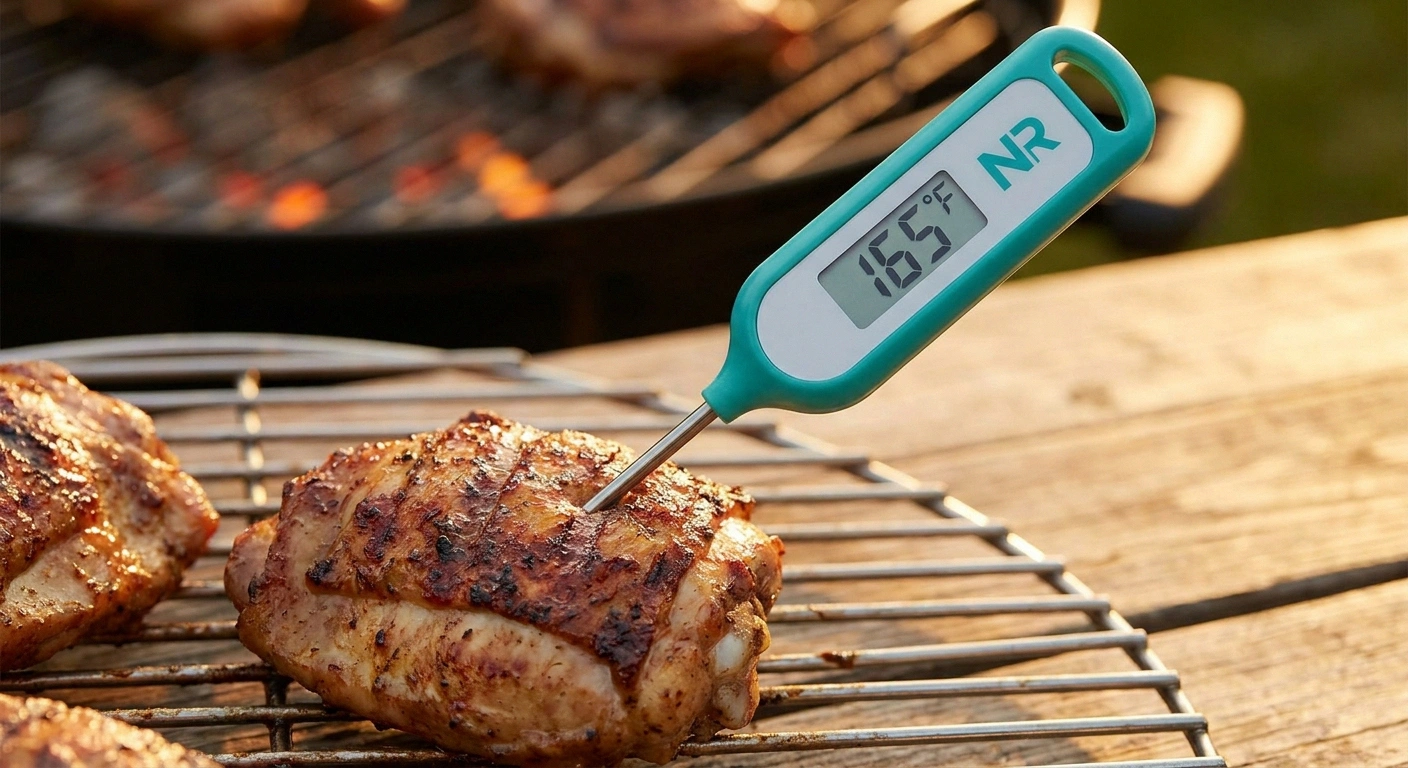 Instant-read digital thermometer showing 165 degrees Fahrenheit in a chicken thigh — visual verification replaces touch