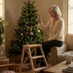 A woman in a cream cardigan sits by a partially decorated Christmas tree holding a star ornament, a two-tread stepstool in front of her — pausing before deciding whether to climb.
