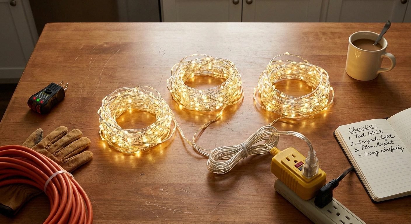 Three LED holiday light strings laid out on a kitchen table with a GFCI adapter and outlet tester — the pre-installation safety inspection for people with neuropathy.